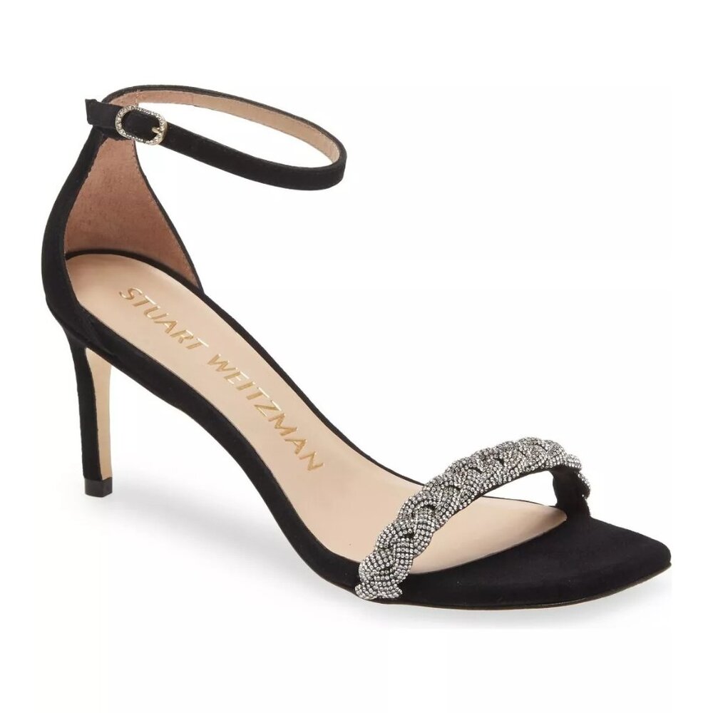 $600 Stuart Weitzman Nudistcurve 75 Crystal Ankle Strap Sandal BLACK 8.5 (DC13)